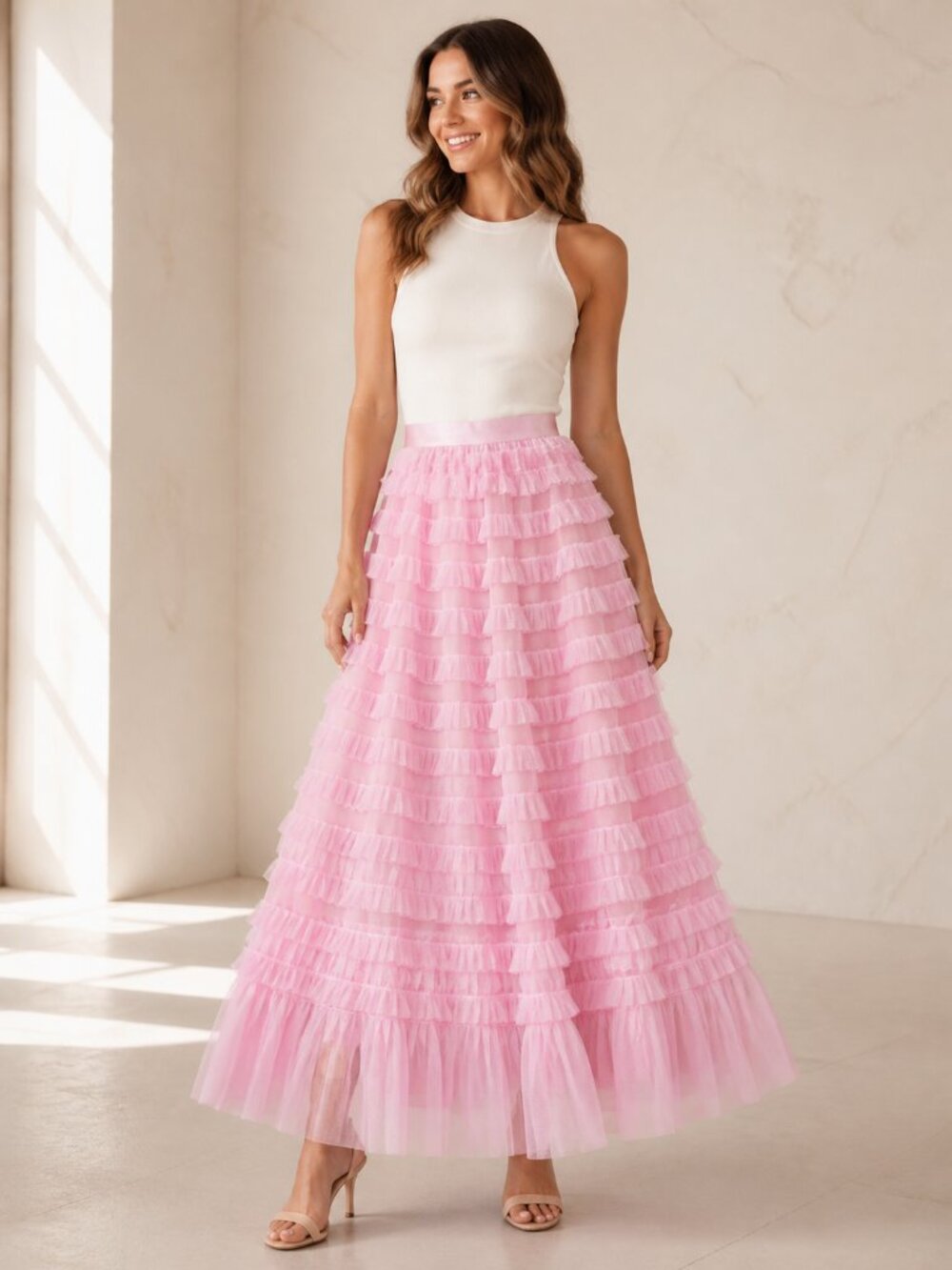 Boutique Pink Tiered Ruffle Tulle Maxi Skirt Size Large